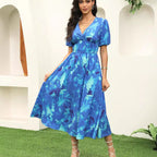 Damen elegantes Midikleid mit Puffärmeln und floralem Print Sovae