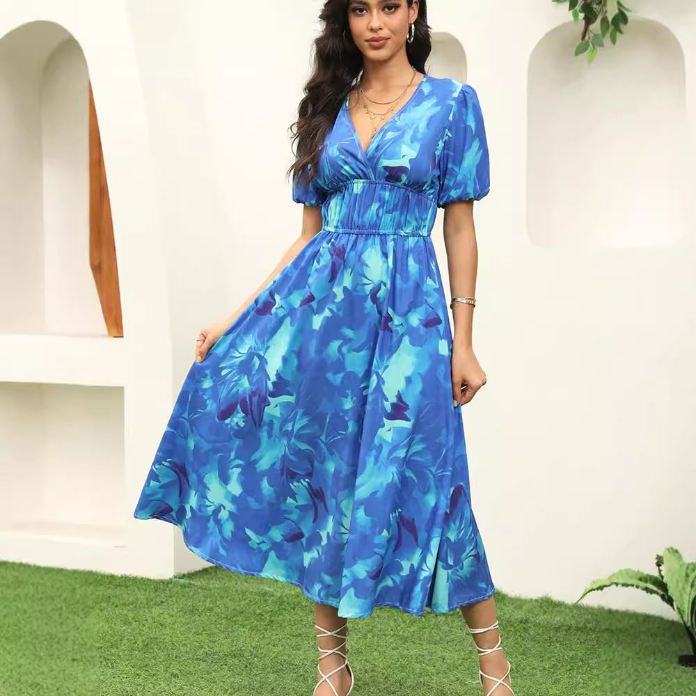 Damen elegantes Midikleid mit Puffärmeln und floralem Print Sovae