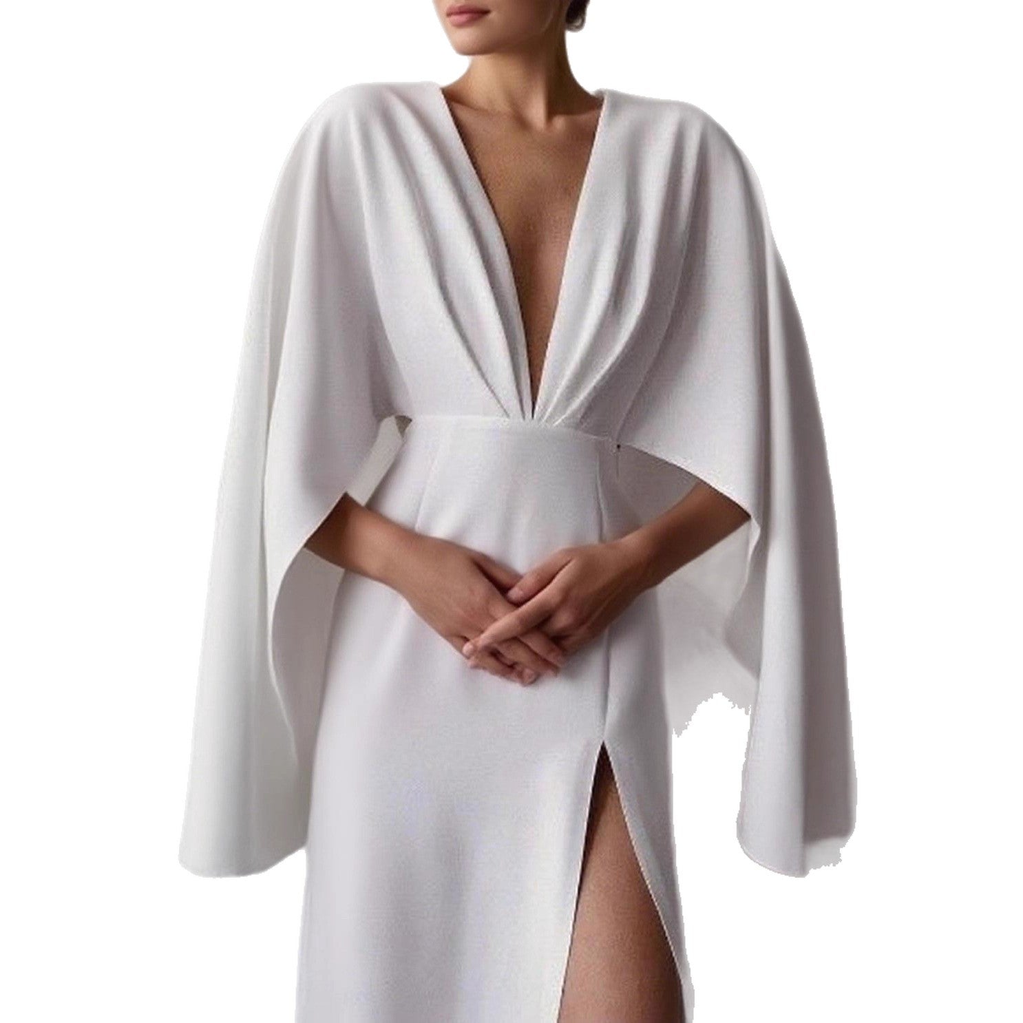 Damen Elegantes Maxikleid mit tiefem V-Ausschnitt und ästhetischen Flügelärmeln Sovae