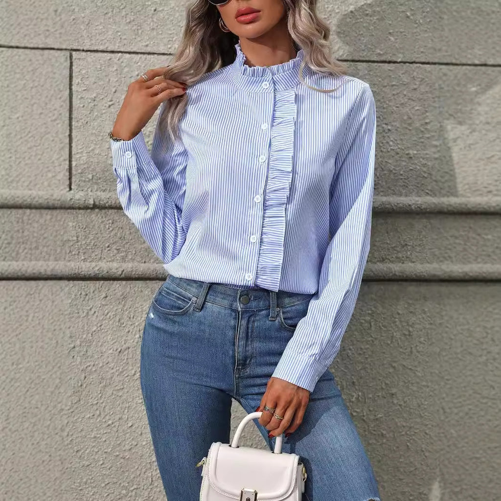 Damen Bluse mit Rüsche und Streifen Sovae