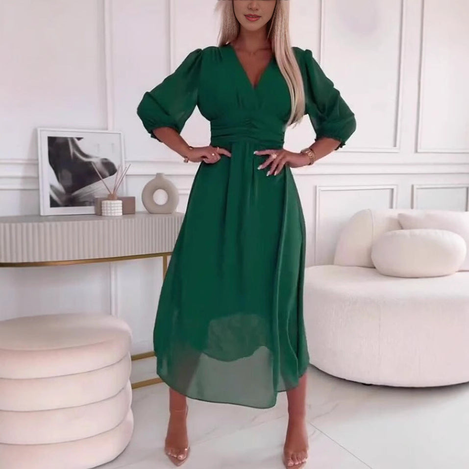 Damen Midikleid mit raffiniertem V-Ausschnitt und Puffärmeln Sovae
