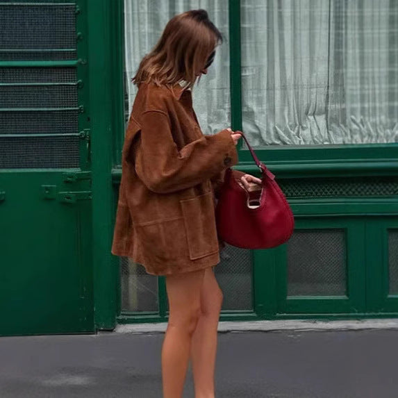 Damen modische Suede-Jacke mit praktischen Taschen Sovae