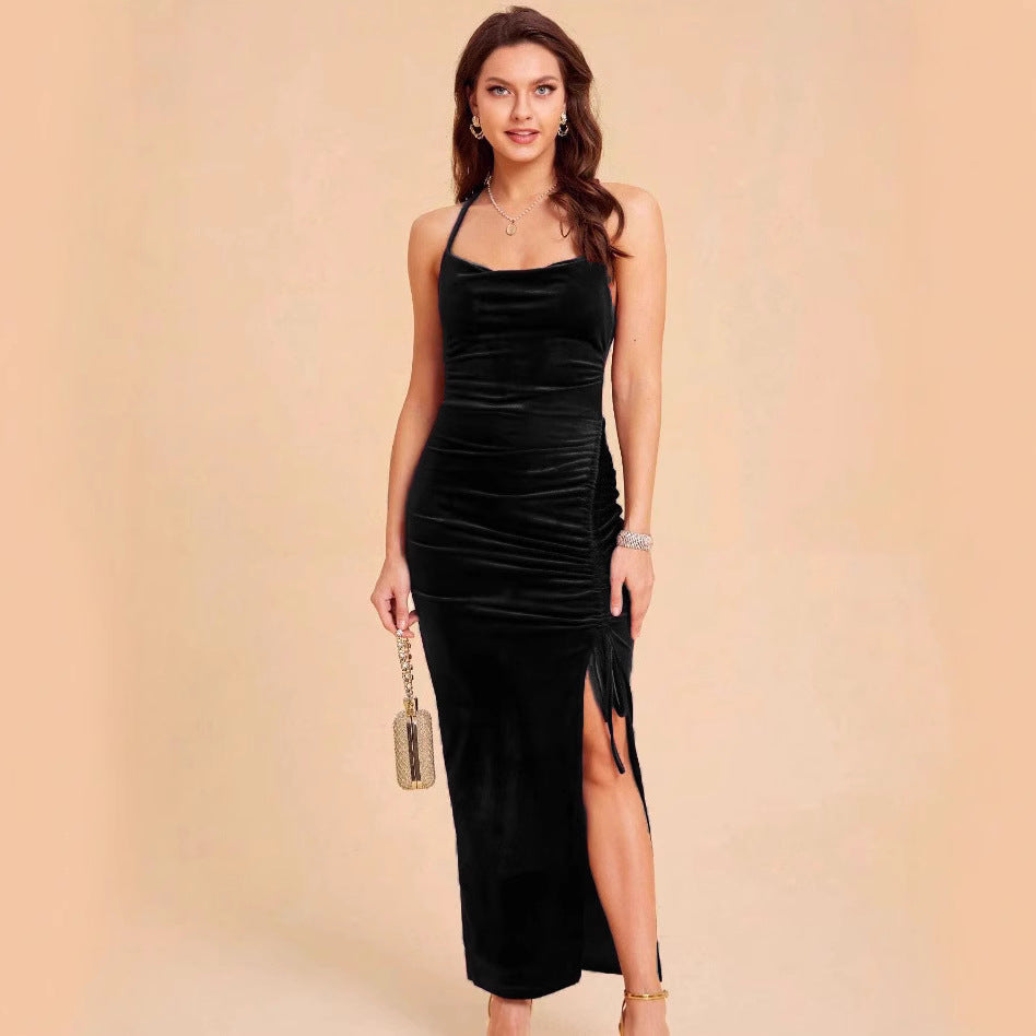 Damen Elegantes Samtmaxikleid mit anpassbarem Schlitz und raffinierter Raffung Sovae