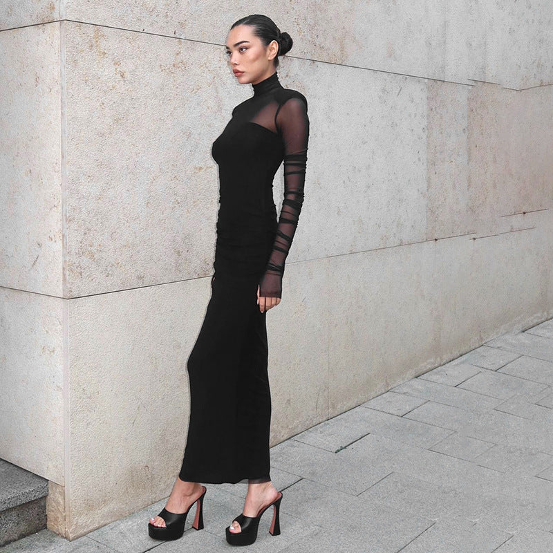 Damen Elegantes Maxikleid mit transparenten Ärmel und Stehkragen Sovae