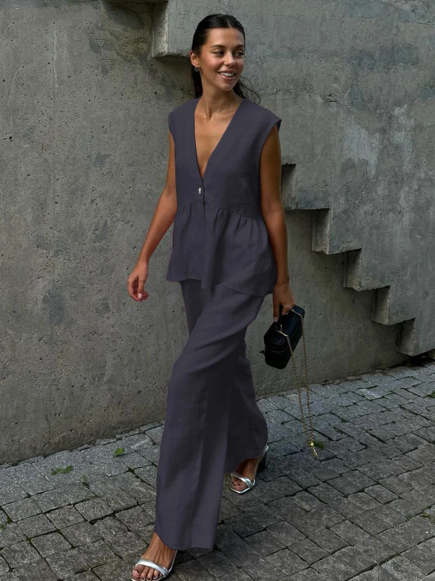 Damen eleganter und luftiger Hosenanzug mit tiefem V-Ausschnitt Sovae