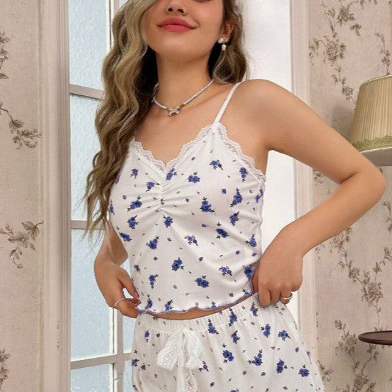 Damen Schlafshorts-Set mit Spitze und floralem Muster Sovae