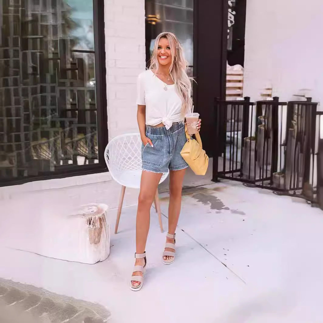 Damen Denim-Shorts mit elastischem Bund und praktischen Taschen Sovae