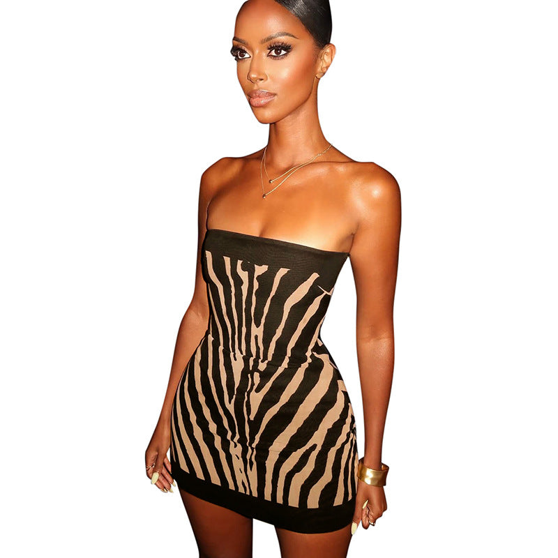 Damen Bandeau Minikleid mit Zebra-Muster Sovae