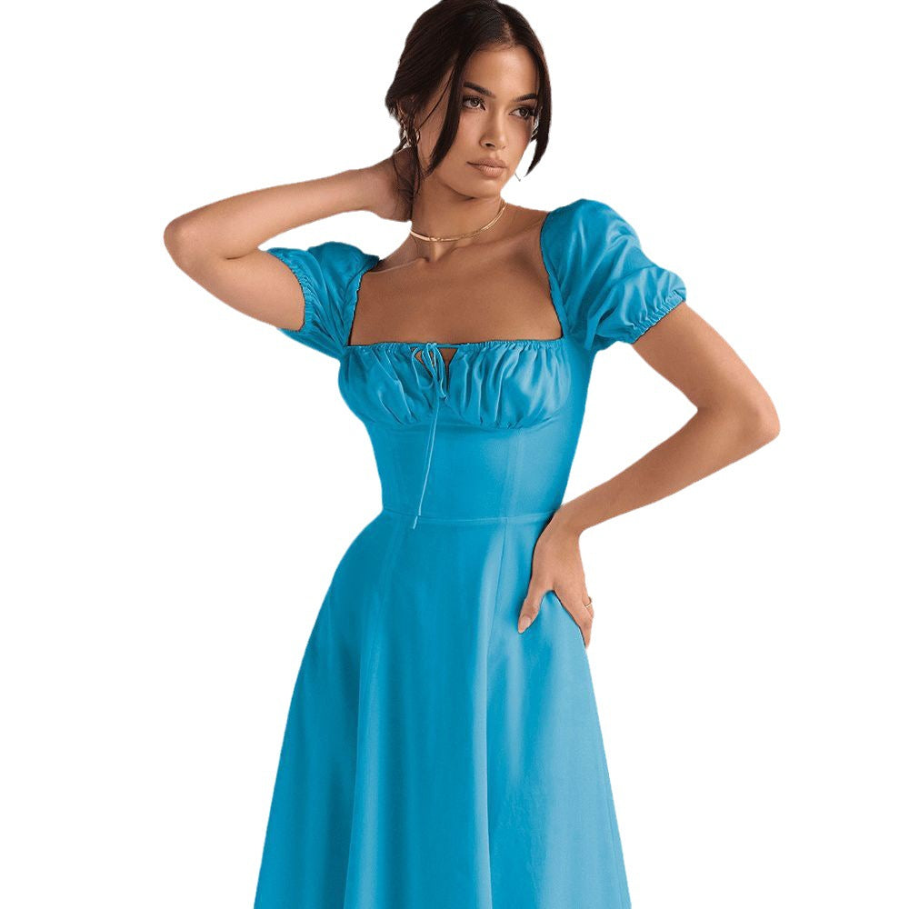 Damen Midi-Kleid mit Puffärmeln und verstellbarem Schnürdetail Sovae