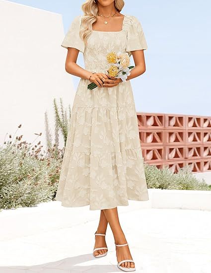 Damen Midi Kleid mit quadratischem Ausschnitt und Volantdetails Sovae