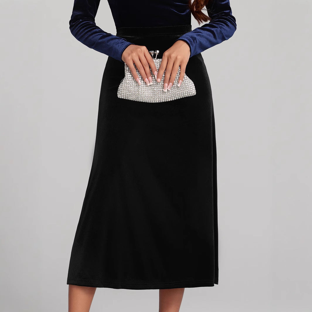 Damen eleganter Maxirock aus hochwertigem Samt Sovae