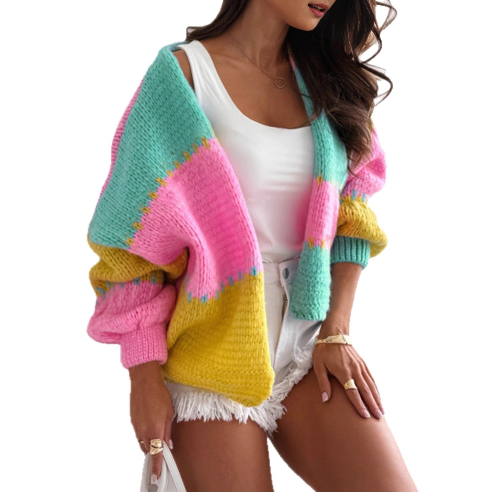 Damen lässige Oversized-Strickjacke mit buntem Blockdesign Sovae