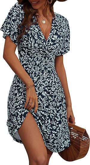 Damen florales Midikleid mit V-Ausschnitt und weit schwingendem Rock Sovae