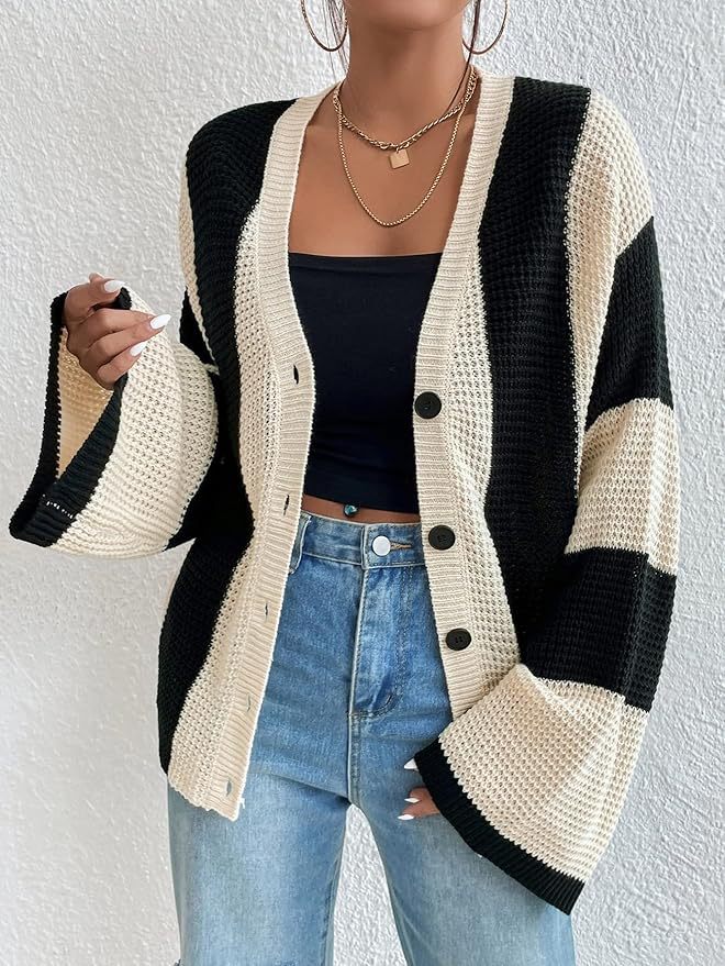 Damen stylische Strickjacke mit breiten Blockstreifen Sovae