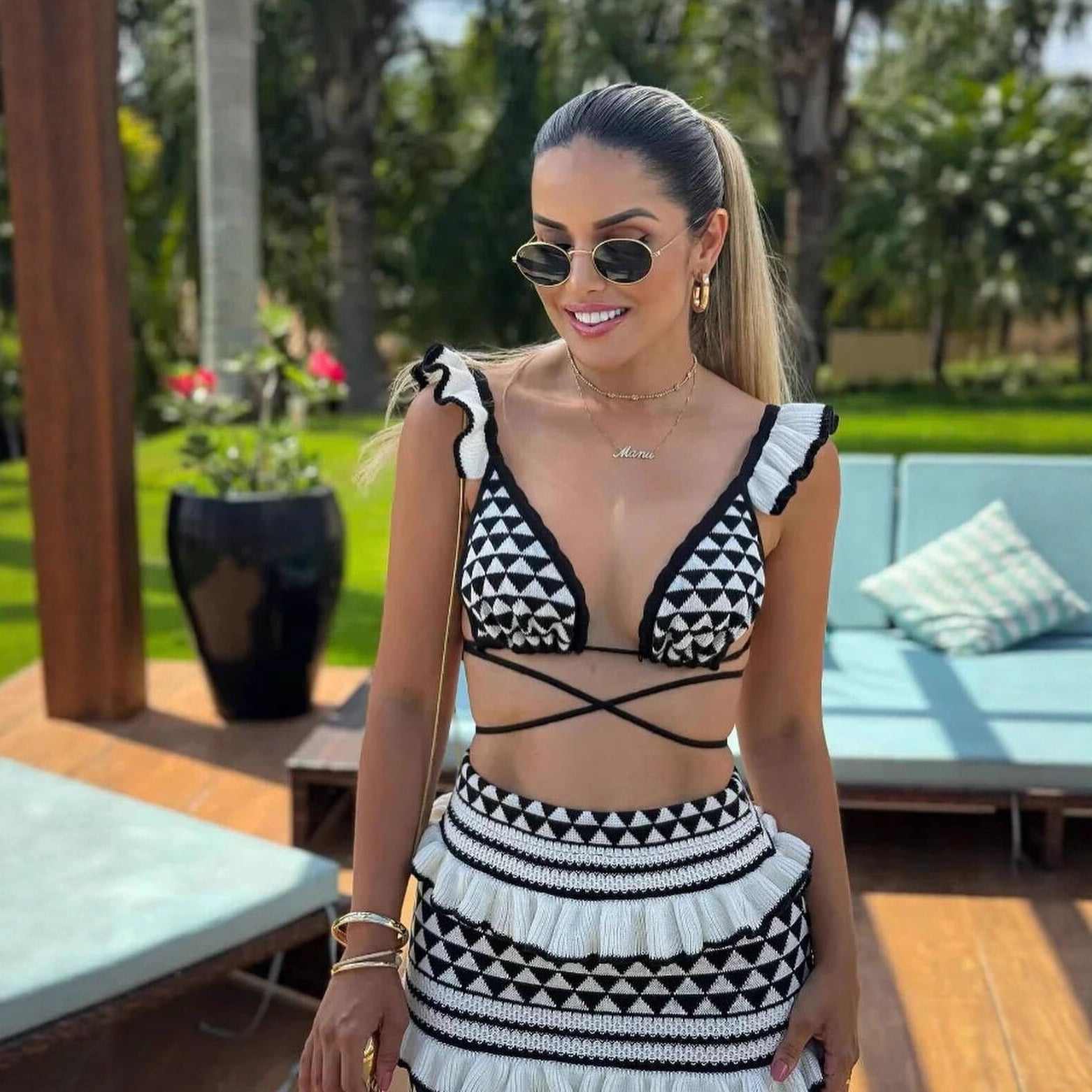 Damen Crop-Top und Maxi-Rock Set mit geometrischem Muster und Rüschendetails Sovae