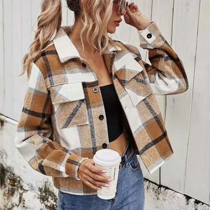 Damen karierte Kurzjacke mit Taschen und Knopfverschluss Sovae