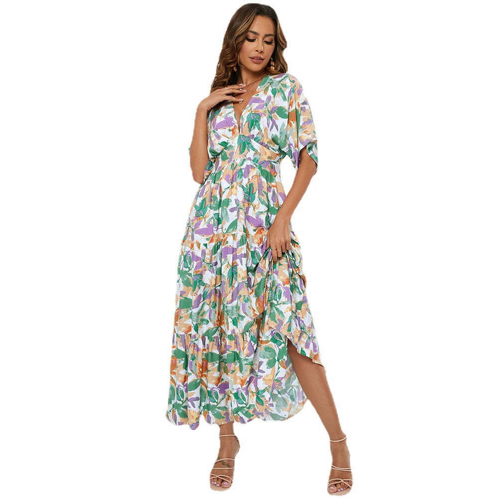 Damen Maxikleid mit detailreichem floralem Design und V-Ausschnitt Sovae