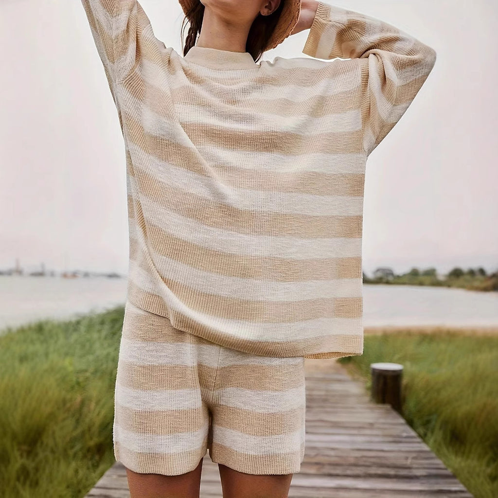 Damen gemütliches Strickset mit Crewneck und Streifenmuster Sovae