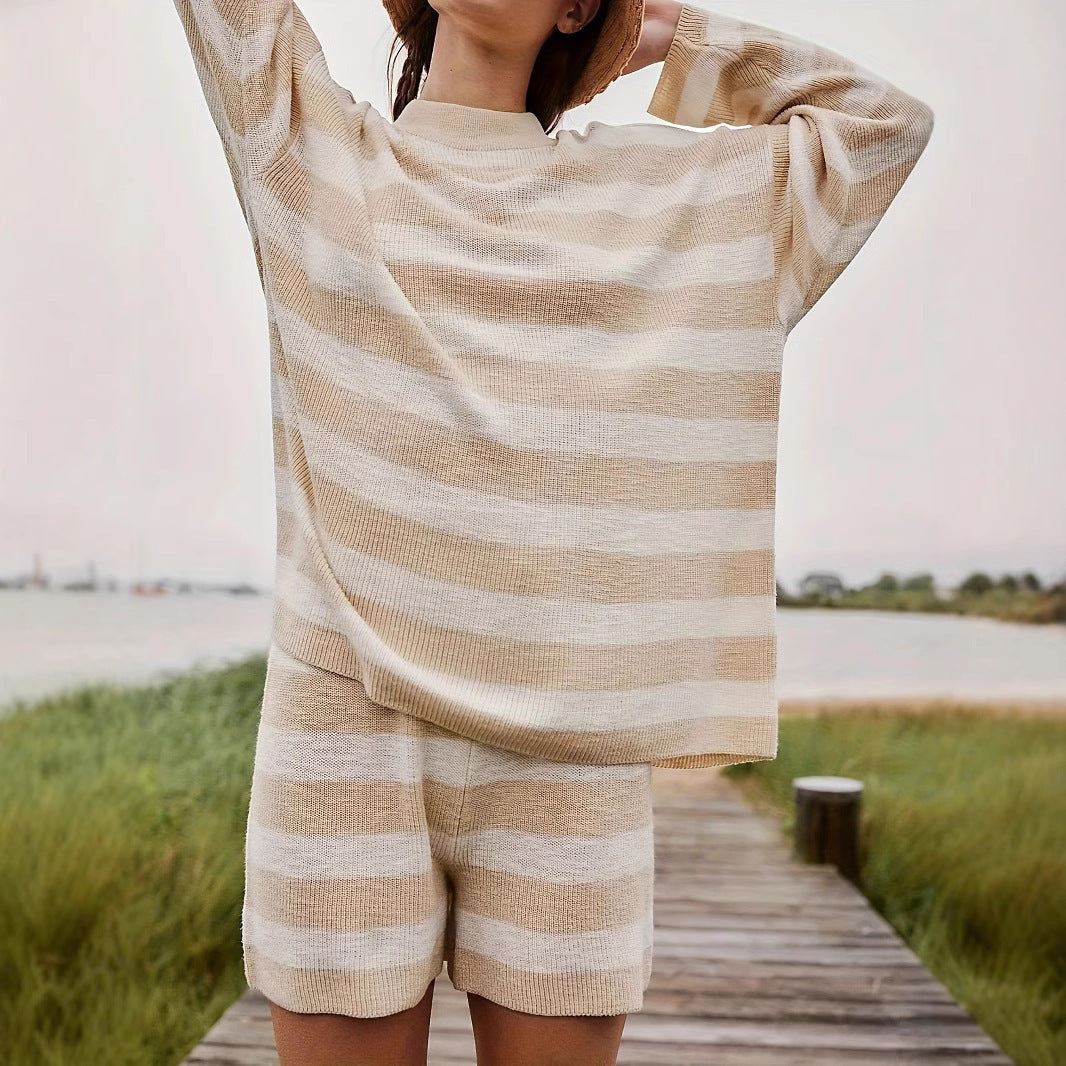 Damen gemütliches Strickset mit Crewneck und Streifenmuster Sovae