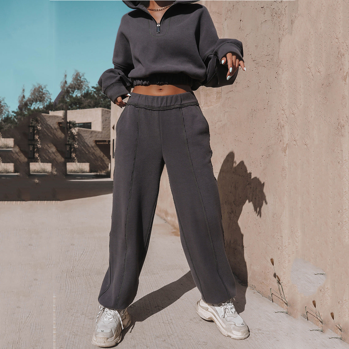 Damen lässiger Hoodie mit Reißverschluss und Rüschensaum Sovae