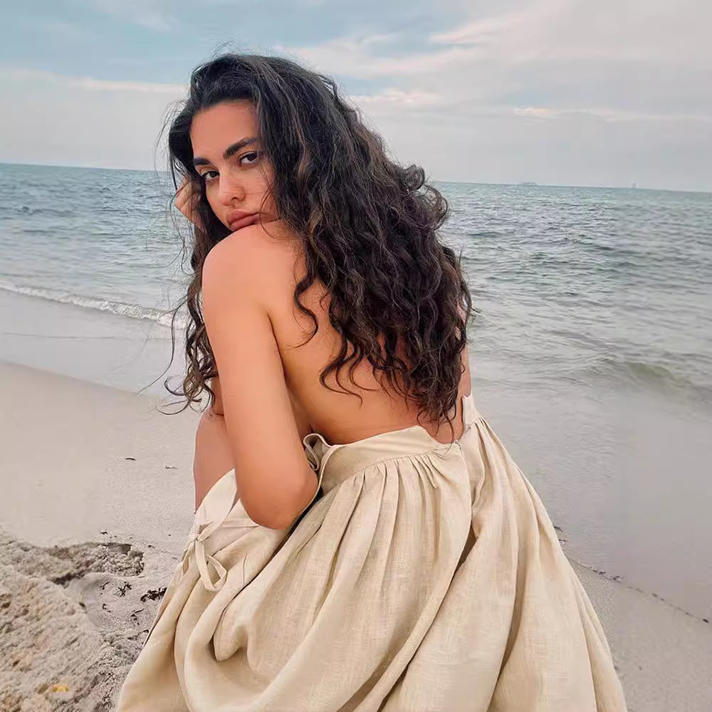 Damen Leinen Maxikleid mit verstellbaren Trägern und elegantem Schnitt Sovae
