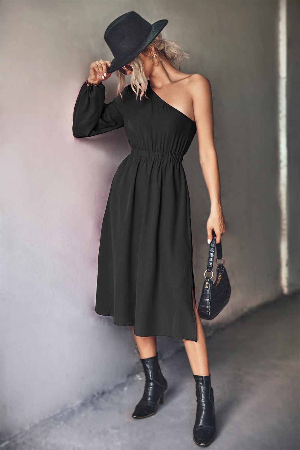 Damen Midikleid mit asymmetrischem One-Shoulder-Design und elastischem Taillengürtel Sovae