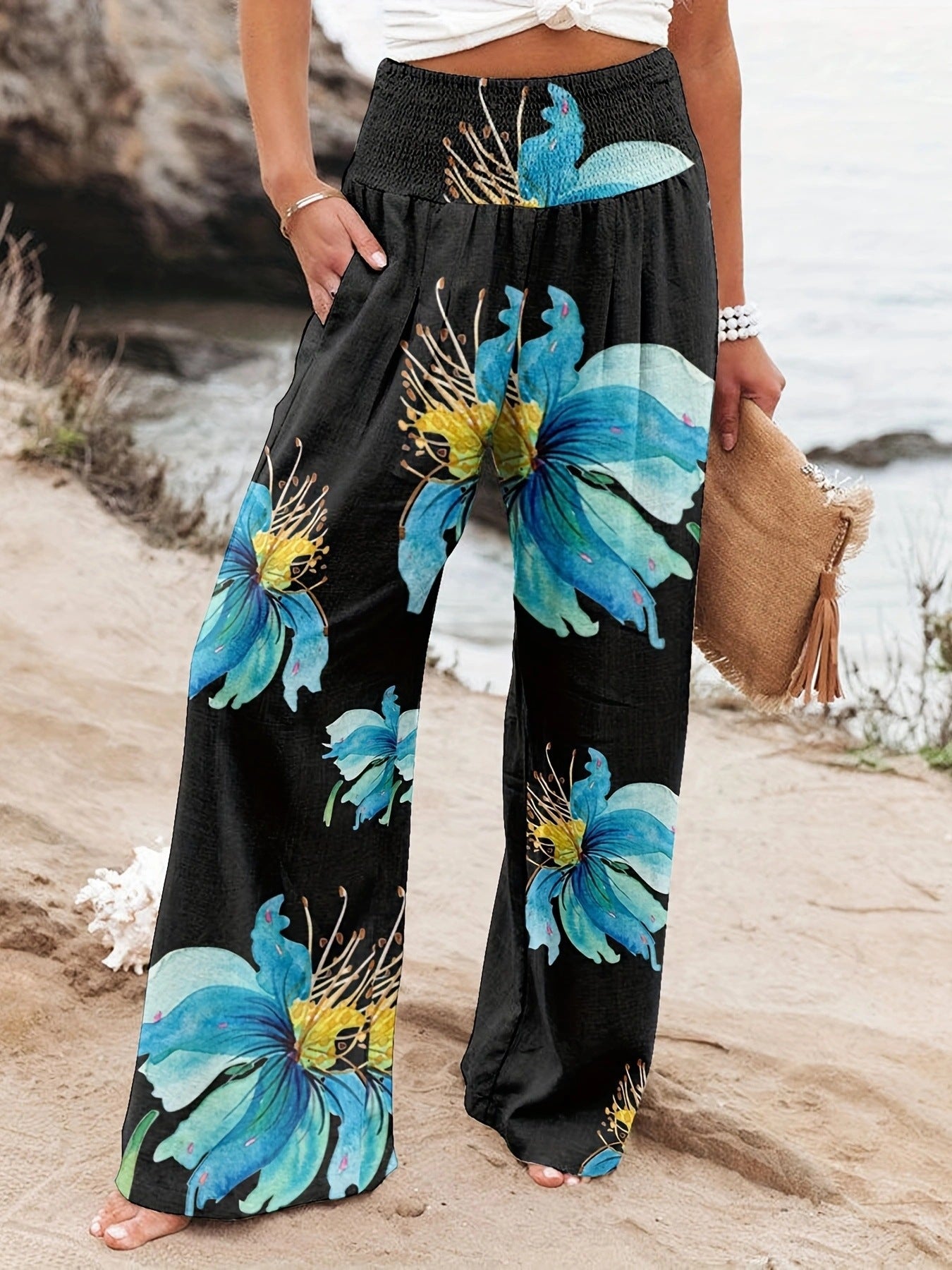 Damen Weit geschnittene Sommerhose mit floralem Print und elastischem Bund Sovae