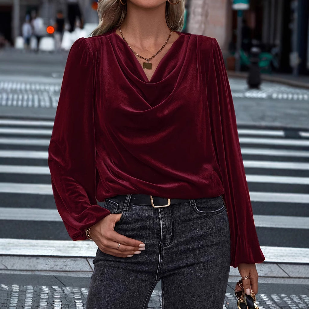 Damen elegante Bluse mit Wasserfall-Ausschnitt und langen Ärmeln Sovae