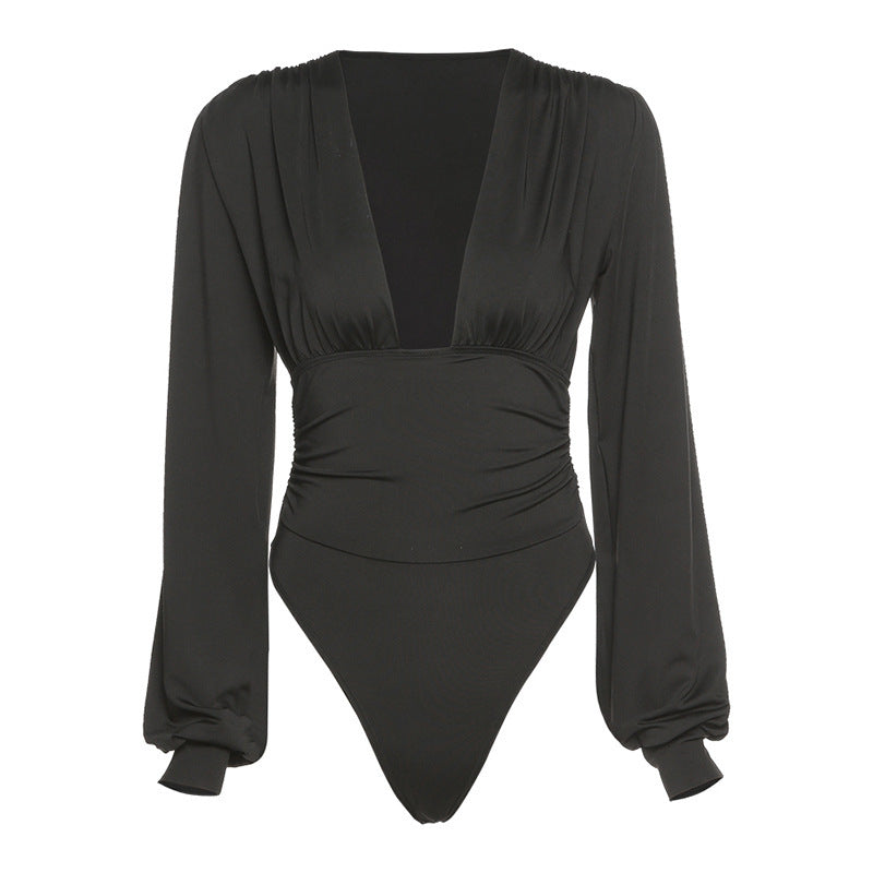 Damen Eleganter Langarm-Bodysuit mit V-Ausschnitt Sovae