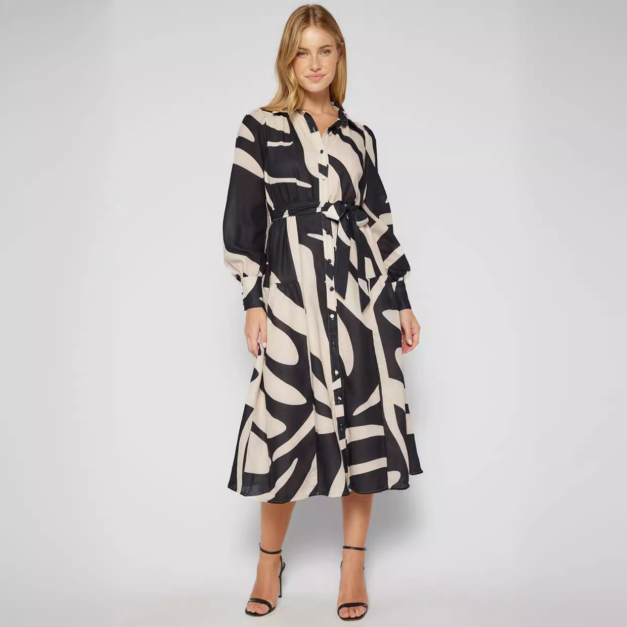 Damen Midi-Kleid mit tailliertem Gürtel und modernem Muster Sovae