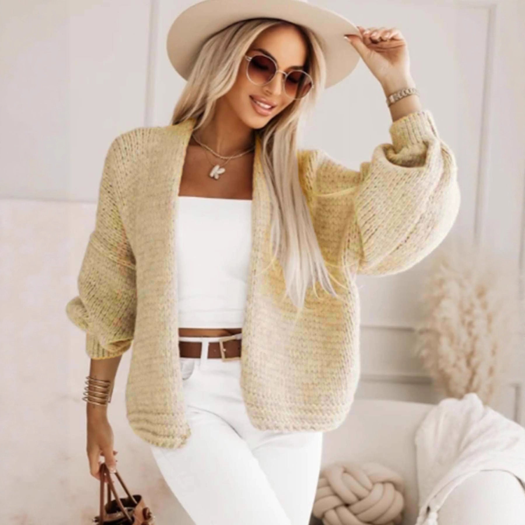 Damen stylische Strickjacke mit voluminösen Ärmeln und offenem Schnitt Sovae