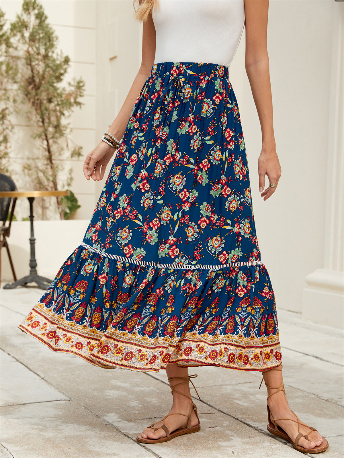 Damen Maxirock mit floralen Mustern und Volants Sovae