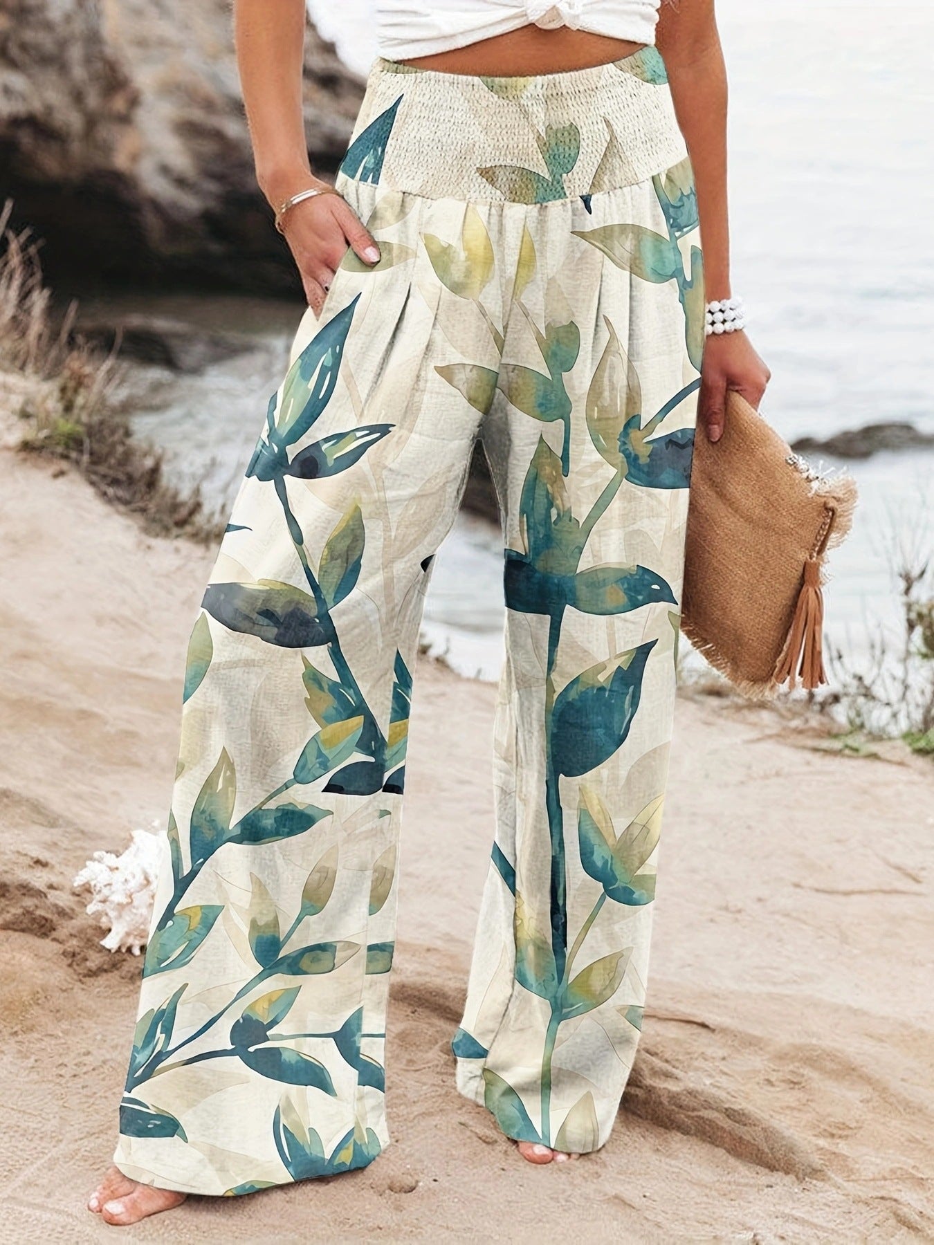 Damen Weit geschnittene Sommerhose mit floralem Print und elastischem Bund Sovae