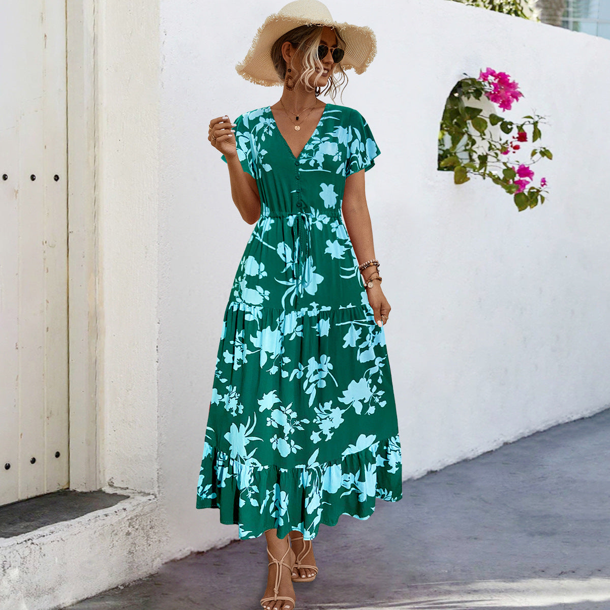 Damen Sommerliches Maxikleid mit floralen Akzenten und fließendem Rock Sovae