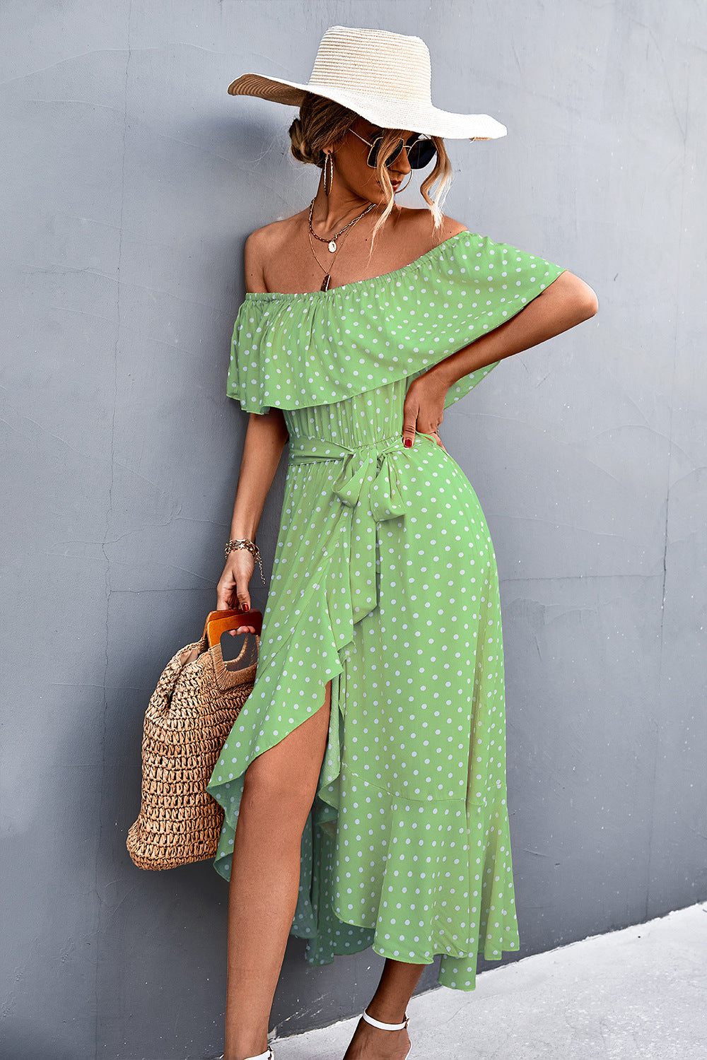 Damen Off-Shoulder Maxikleid mit Rüschendetails und seitlichem Schlitz Sovae