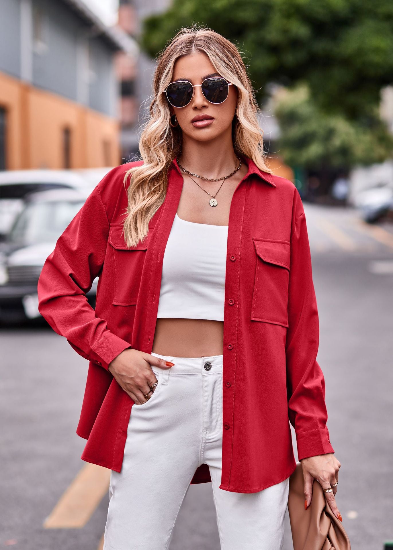 Damen lässige Hemdjacke mit großen aufgesetzten Taschen Sovae