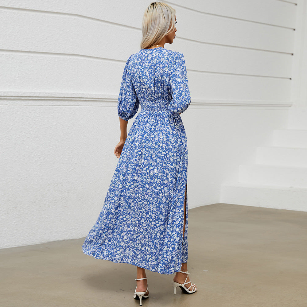 Damen Maxi-Kleid mit V-Ausschnitt und Femininen Puffärmeln Sovae