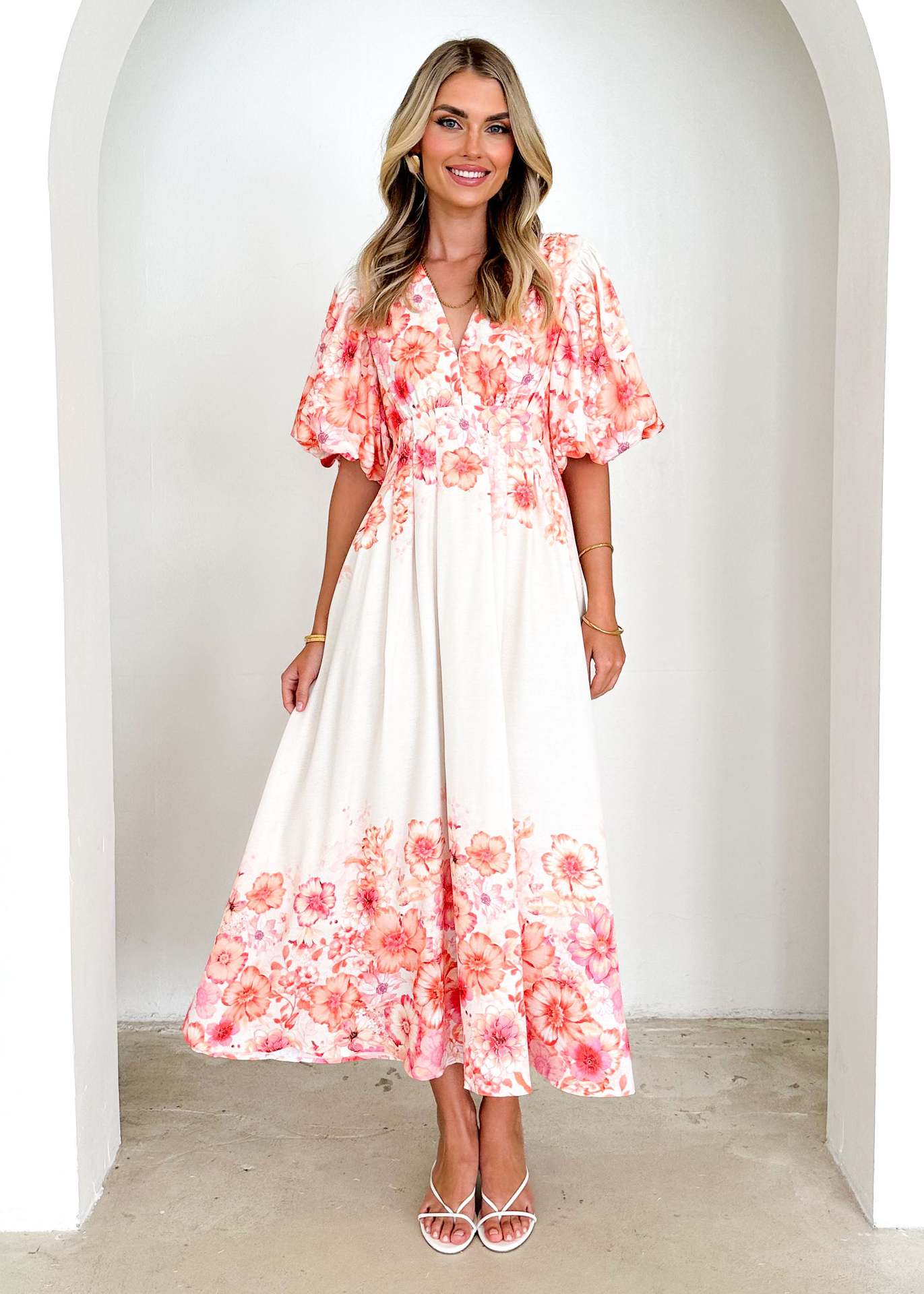 Damen luftiges Maxikleid mit voluminösen Ärmeln und floralem Print Sovae