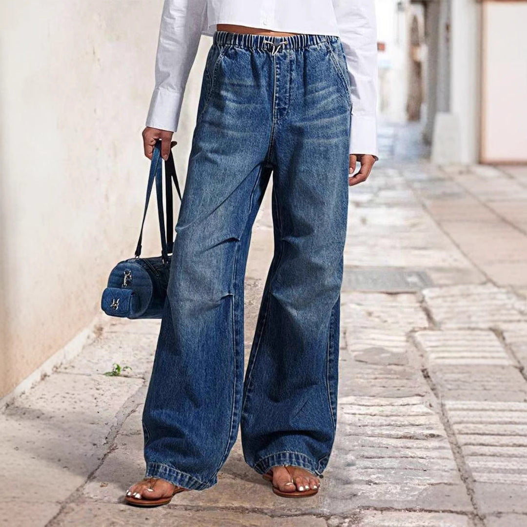Damen weite High-Waist Denim-Hose mit elastischem Bund Sovae