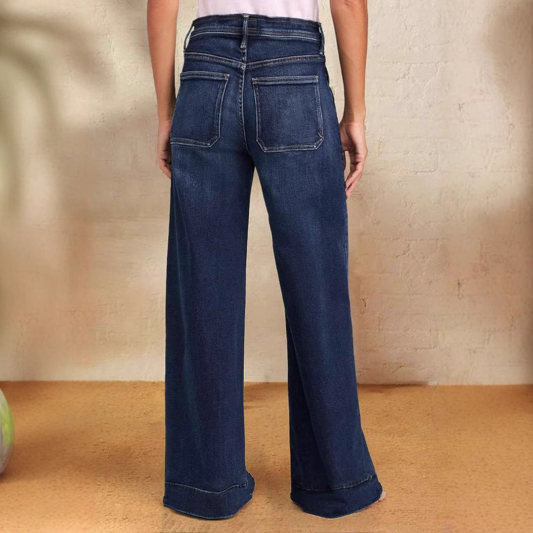 Damen weite Denim-Hose mit hohem Bund Sovae