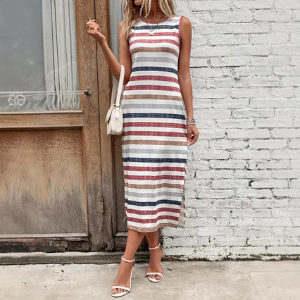 Damen Maxikleid mit modischem Streifenmuster und ärmellosem Design Sovae
