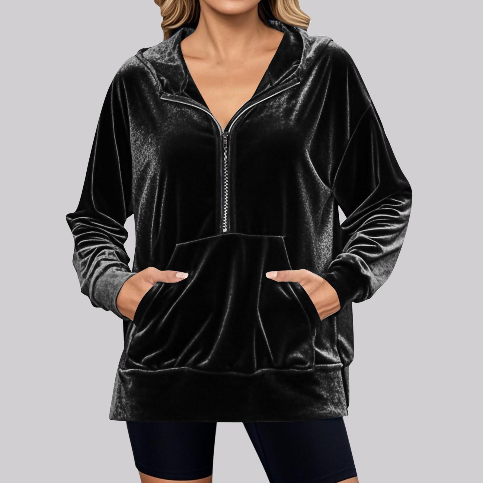 Damen Lässiger Velvet Hoodie mit praktischem Reißverschluss und Kängurutasche Sovae