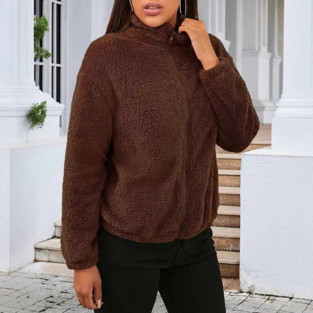 Damen Kuschelige Fleecejacke mit hohem Kragen und seitlichen Taschen Sovae