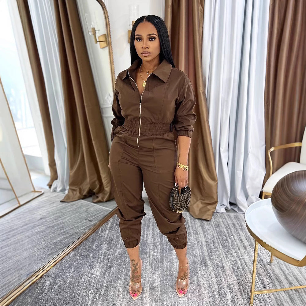Damen Sportlicher Jumpsuit mit Reißverschluss und elastischem Bund Sovae