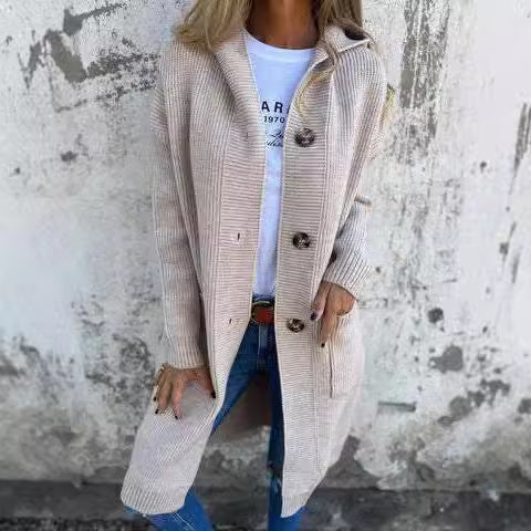 Damen lange Strickjacke mit Kapuze und Taschen Sovae