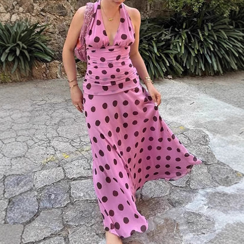Damen Elegantes Maxikleid mit Punkten und tiefem V-Ausschnitt Sovae