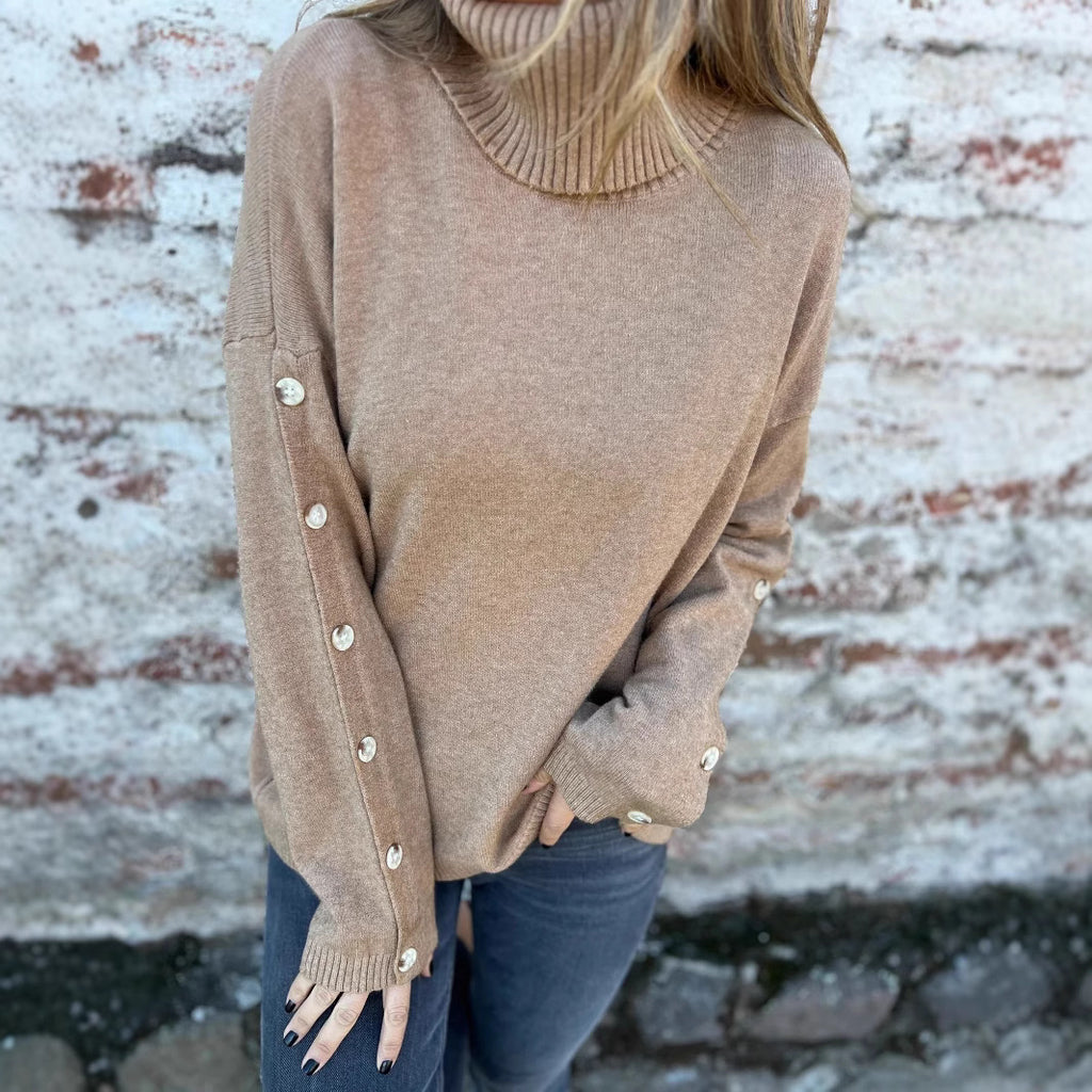 Damen hochschuliger Strickpullover mit Knopfdetails Sovae