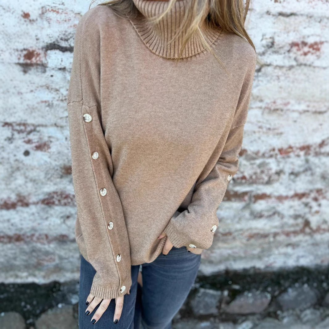 Damen hochschuliger Strickpullover mit Knopfdetails Sovae