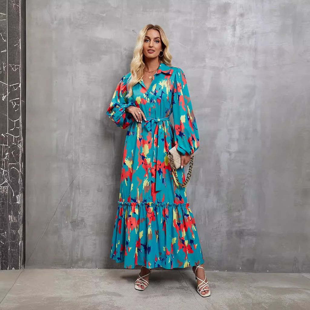 Damen elegantes Maxikleid mit hochgeschlossenem Kragen und farbenfrohem Muster Sovae