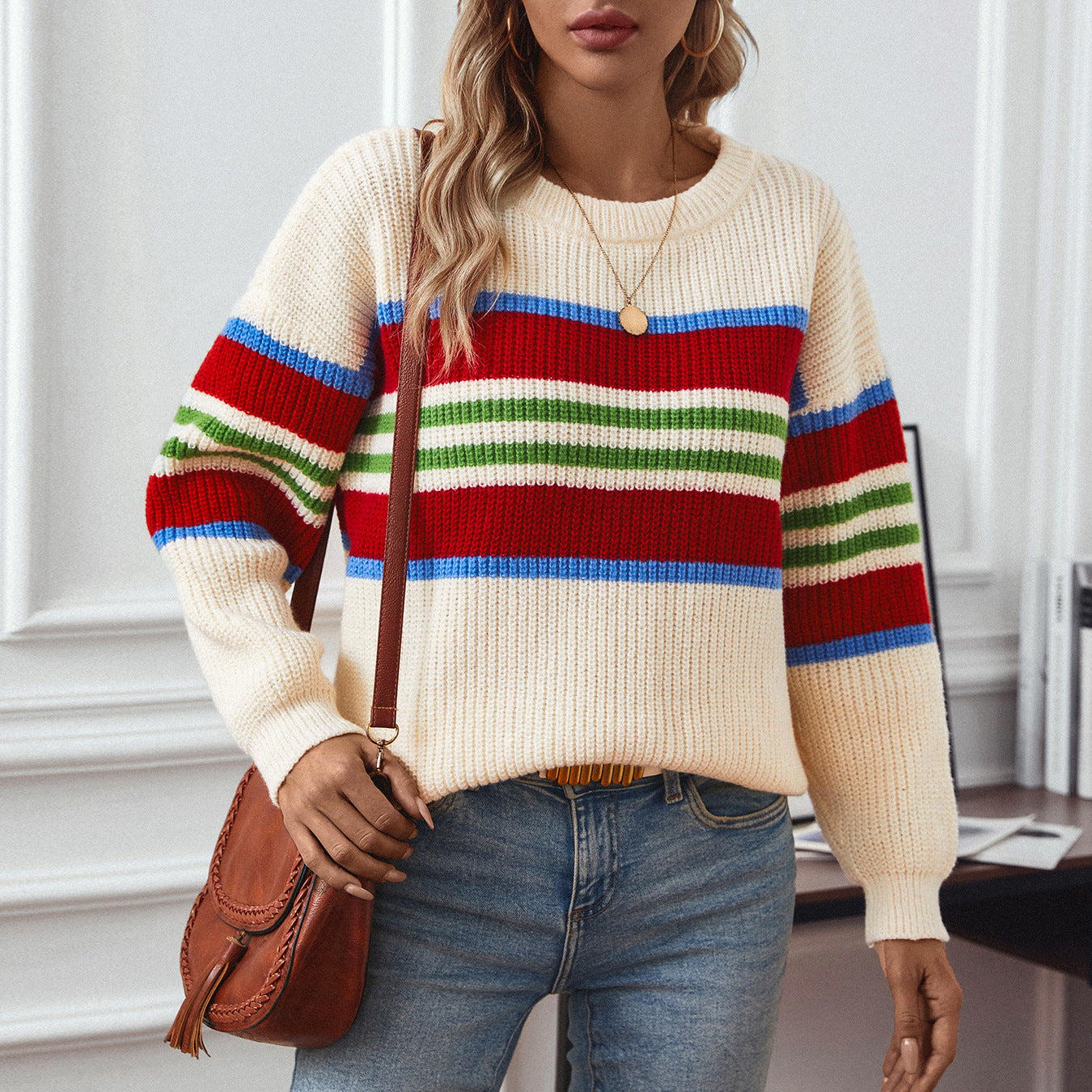 Damen lockerer Strickpullover mit buntem Blockstreifen und Rundhalsausschnitt Sovae